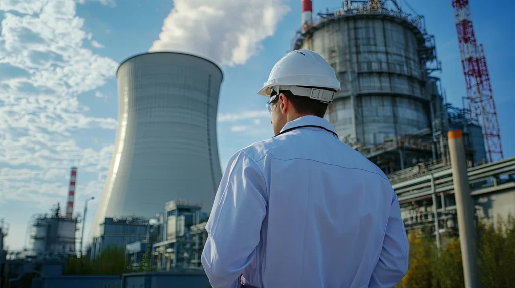 Engineer in a hard hat inspecting a nuclear power plant with cooling towers and industrial equipment, focusing on radwaste safety and oversight.