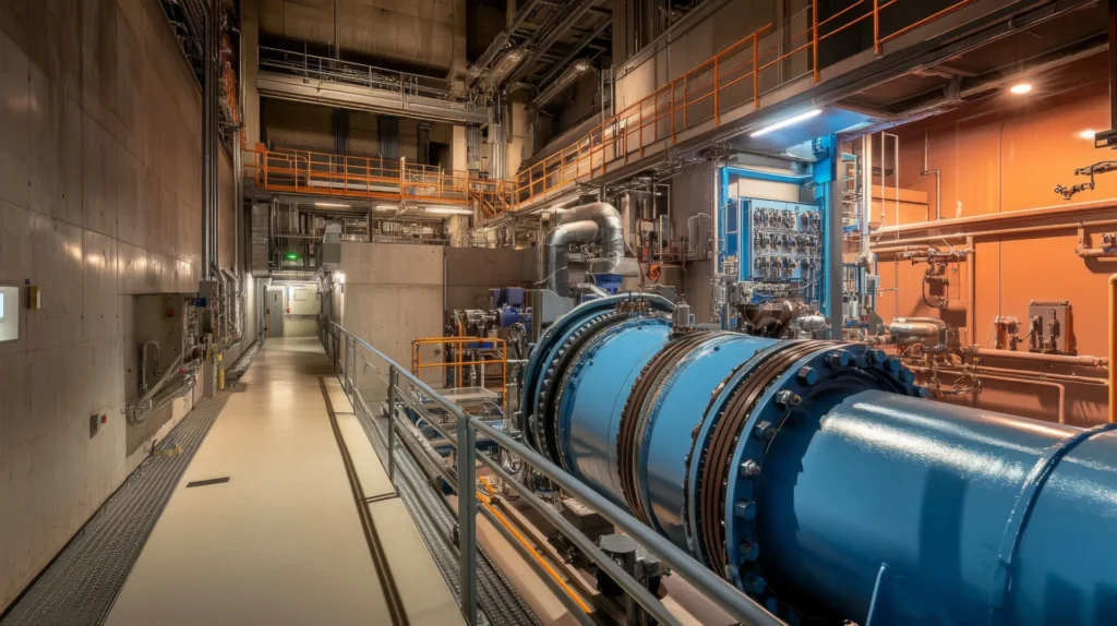 Advanced machinery inside a nuclear facility, showcasing radwaste processing equipment and industrial infrastructure.